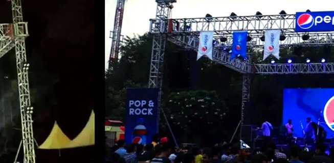 Outdoor branded concert stage produced with trussing and LED